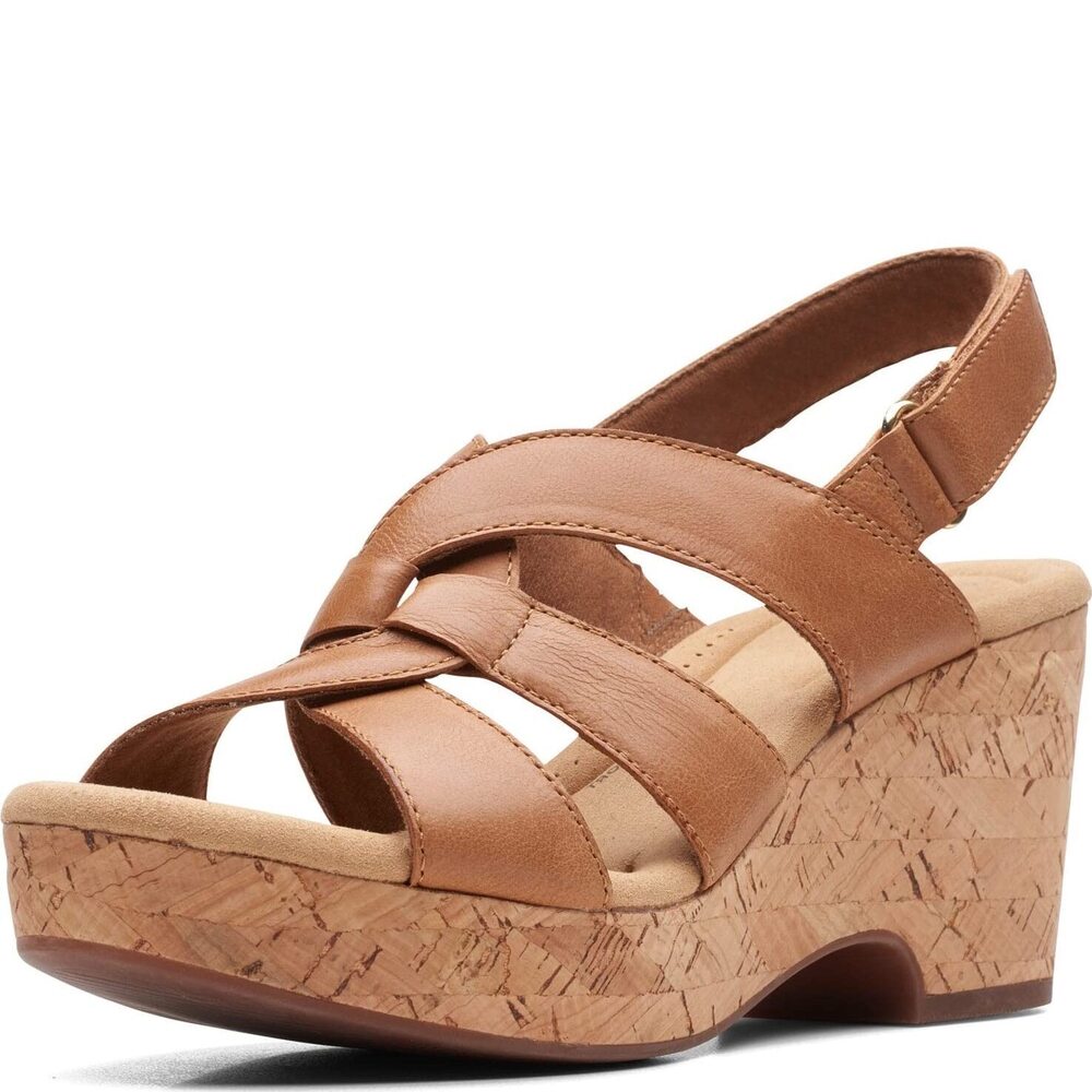 Clarks Womens Giselle Beach Wedge Sandal Tan Leather 10 New
